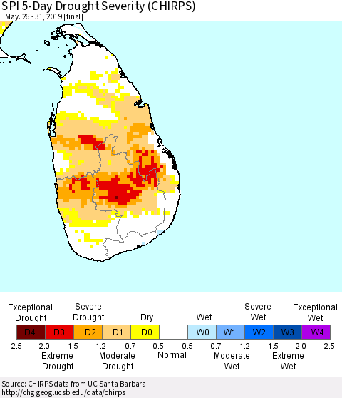 Sri Lanka SPI 5-Day Drought Severity (CHIRPS) Thematic Map For 5/26/2019 - 5/31/2019