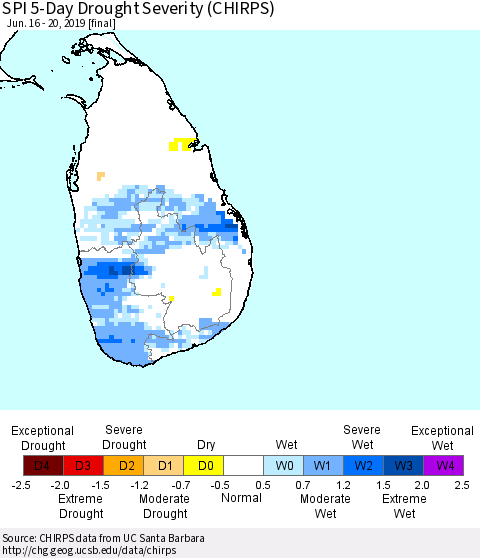 Sri Lanka SPI 5-Day Drought Severity (CHIRPS) Thematic Map For 6/16/2019 - 6/20/2019