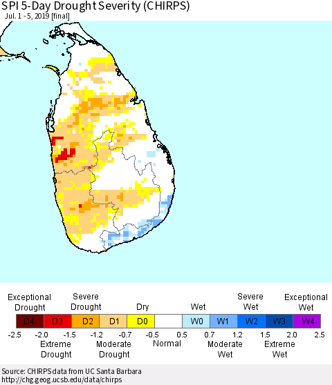 Sri Lanka SPI 5-Day Drought Severity (CHIRPS) Thematic Map For 7/1/2019 - 7/5/2019
