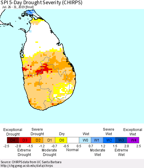 Sri Lanka SPI 5-Day Drought Severity (CHIRPS) Thematic Map For 7/26/2019 - 7/31/2019
