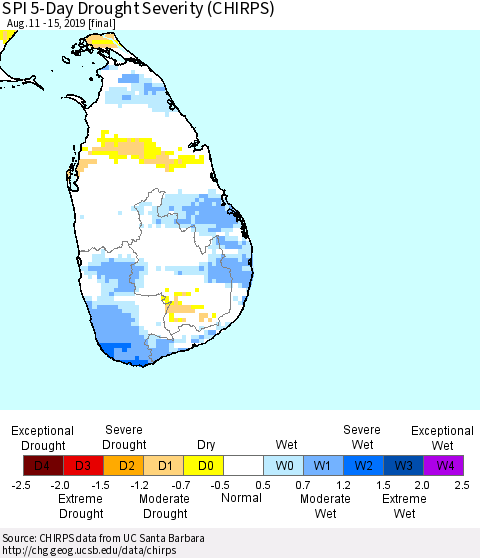 Sri Lanka SPI 5-Day Drought Severity (CHIRPS) Thematic Map For 8/11/2019 - 8/15/2019