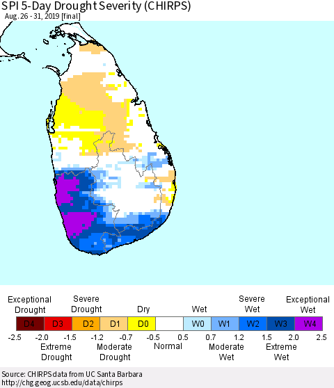 Sri Lanka SPI 5-Day Drought Severity (CHIRPS) Thematic Map For 8/26/2019 - 8/31/2019
