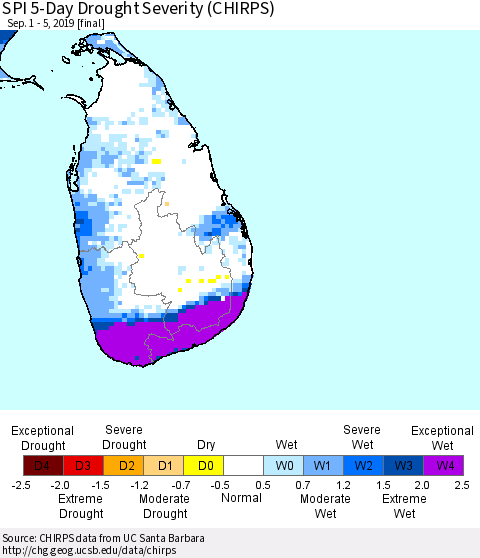 Sri Lanka SPI 5-Day Drought Severity (CHIRPS) Thematic Map For 9/1/2019 - 9/5/2019