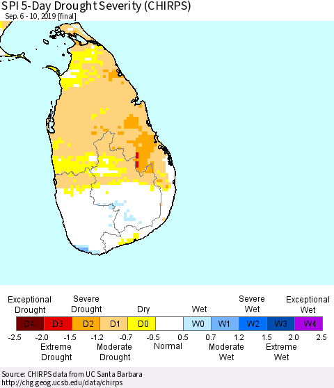 Sri Lanka SPI 5-Day Drought Severity (CHIRPS) Thematic Map For 9/6/2019 - 9/10/2019