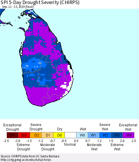 Sri Lanka SPI 5-Day Drought Severity (CHIRPS) Thematic Map For 9/11/2019 - 9/15/2019