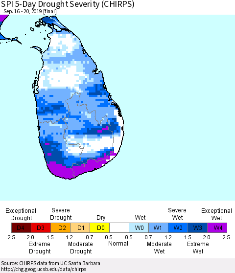 Sri Lanka SPI 5-Day Drought Severity (CHIRPS) Thematic Map For 9/16/2019 - 9/20/2019