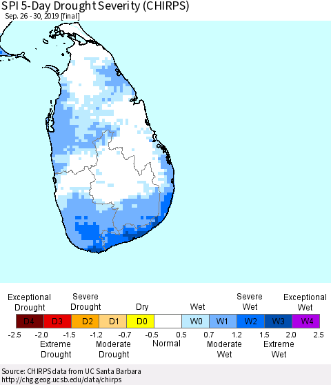 Sri Lanka SPI 5-Day Drought Severity (CHIRPS) Thematic Map For 9/26/2019 - 9/30/2019