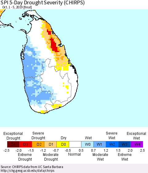 Sri Lanka SPI 5-Day Drought Severity (CHIRPS) Thematic Map For 10/1/2019 - 10/5/2019