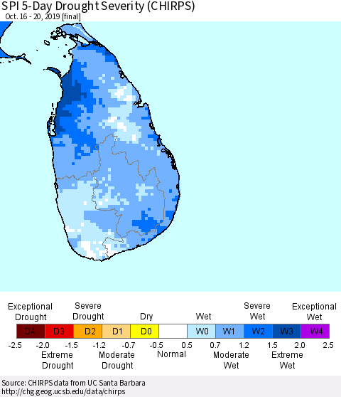 Sri Lanka SPI 5-Day Drought Severity (CHIRPS) Thematic Map For 10/16/2019 - 10/20/2019
