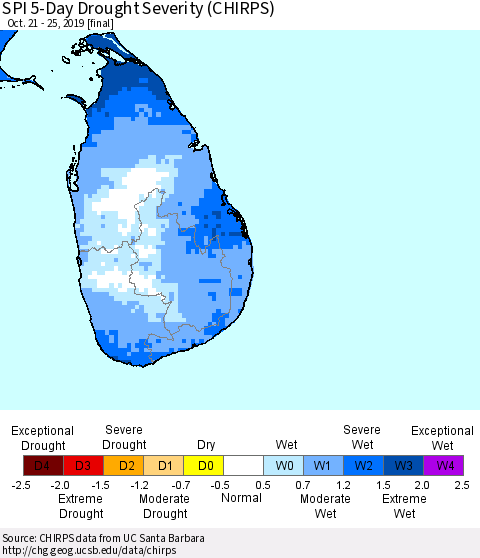 Sri Lanka SPI 5-Day Drought Severity (CHIRPS) Thematic Map For 10/21/2019 - 10/25/2019