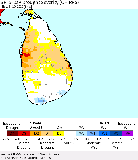 Sri Lanka SPI 5-Day Drought Severity (CHIRPS) Thematic Map For 11/6/2019 - 11/10/2019
