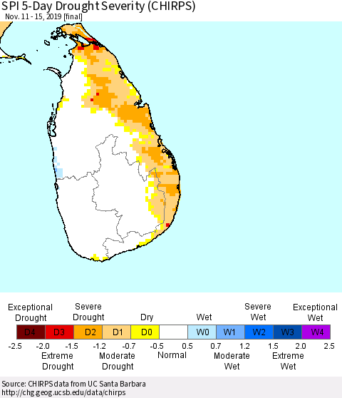 Sri Lanka SPI 5-Day Drought Severity (CHIRPS) Thematic Map For 11/11/2019 - 11/15/2019