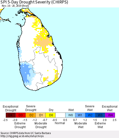 Sri Lanka SPI 5-Day Drought Severity (CHIRPS) Thematic Map For 11/16/2019 - 11/20/2019