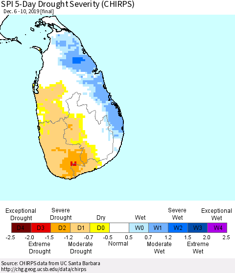Sri Lanka SPI 5-Day Drought Severity (CHIRPS) Thematic Map For 12/6/2019 - 12/10/2019