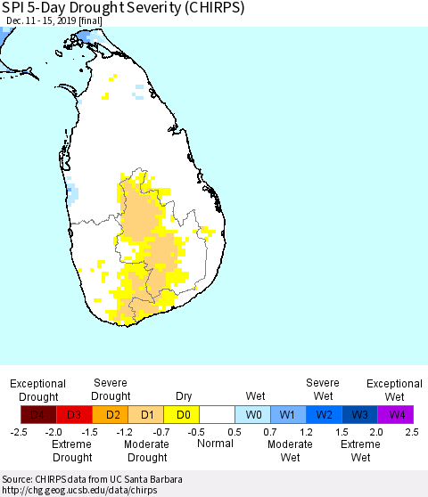 Sri Lanka SPI 5-Day Drought Severity (CHIRPS) Thematic Map For 12/11/2019 - 12/15/2019