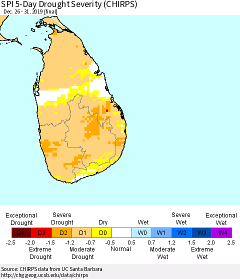 Sri Lanka SPI 5-Day Drought Severity (CHIRPS) Thematic Map For 12/26/2019 - 12/31/2019