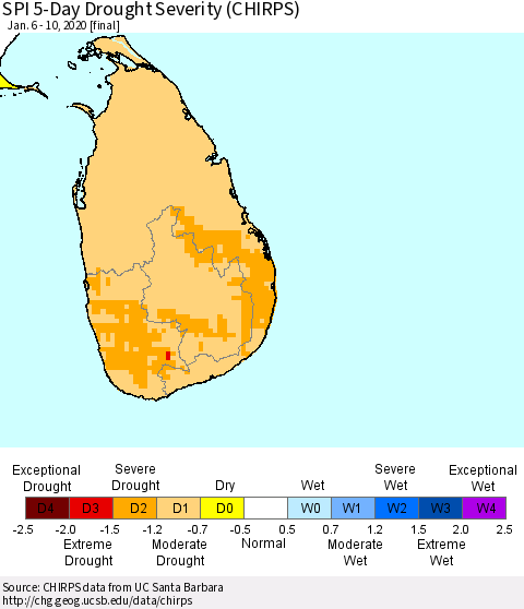 Sri Lanka SPI 5-Day Drought Severity (CHIRPS) Thematic Map For 1/6/2020 - 1/10/2020