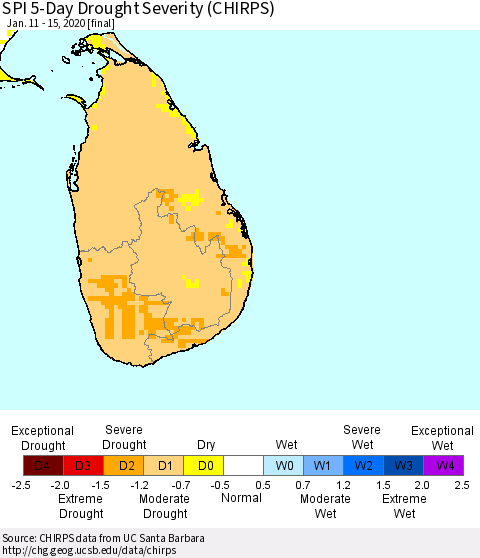 Sri Lanka SPI 5-Day Drought Severity (CHIRPS) Thematic Map For 1/11/2020 - 1/15/2020