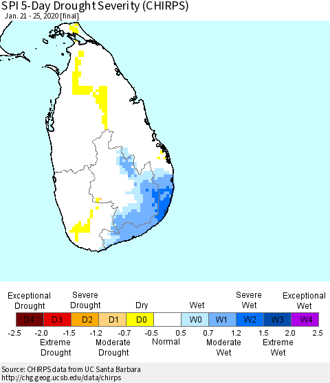Sri Lanka SPI 5-Day Drought Severity (CHIRPS) Thematic Map For 1/21/2020 - 1/25/2020
