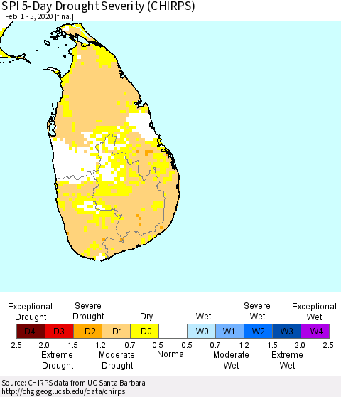 Sri Lanka SPI 5-Day Drought Severity (CHIRPS) Thematic Map For 2/1/2020 - 2/5/2020
