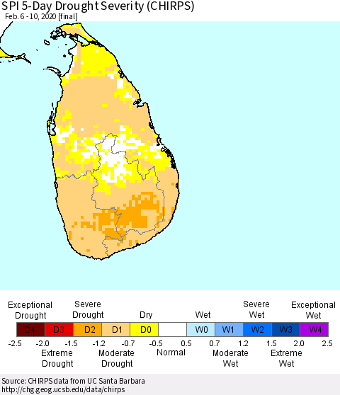 Sri Lanka SPI 5-Day Drought Severity (CHIRPS) Thematic Map For 2/6/2020 - 2/10/2020