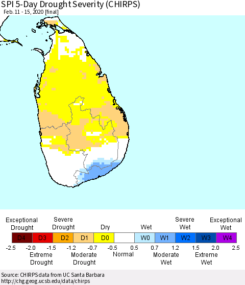 Sri Lanka SPI 5-Day Drought Severity (CHIRPS) Thematic Map For 2/11/2020 - 2/15/2020