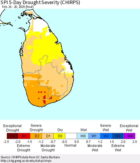 Sri Lanka SPI 5-Day Drought Severity (CHIRPS) Thematic Map For 2/16/2020 - 2/20/2020