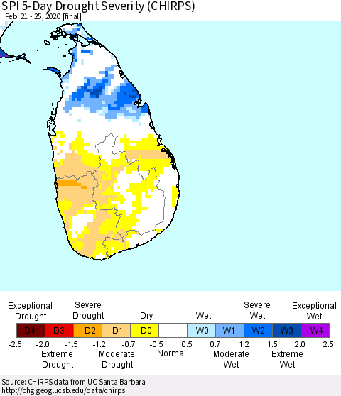 Sri Lanka SPI 5-Day Drought Severity (CHIRPS) Thematic Map For 2/21/2020 - 2/25/2020