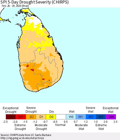 Sri Lanka SPI 5-Day Drought Severity (CHIRPS) Thematic Map For 2/26/2020 - 2/29/2020