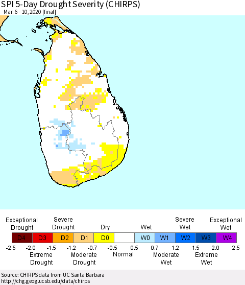 Sri Lanka SPI 5-Day Drought Severity (CHIRPS) Thematic Map For 3/6/2020 - 3/10/2020