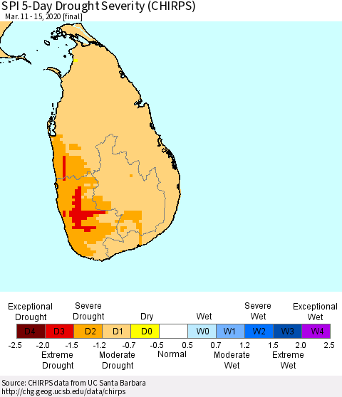 Sri Lanka SPI 5-Day Drought Severity (CHIRPS) Thematic Map For 3/11/2020 - 3/15/2020