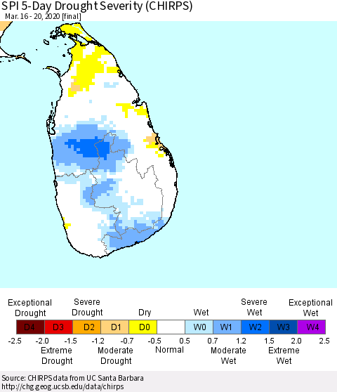 Sri Lanka SPI 5-Day Drought Severity (CHIRPS) Thematic Map For 3/16/2020 - 3/20/2020