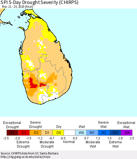 Sri Lanka SPI 5-Day Drought Severity (CHIRPS) Thematic Map For 3/21/2020 - 3/25/2020