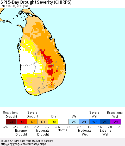 Sri Lanka SPI 5-Day Drought Severity (CHIRPS) Thematic Map For 3/26/2020 - 3/31/2020