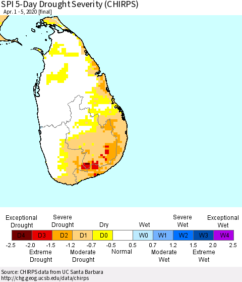 Sri Lanka SPI 5-Day Drought Severity (CHIRPS) Thematic Map For 4/1/2020 - 4/5/2020