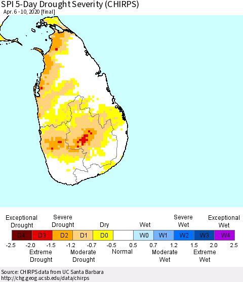 Sri Lanka SPI 5-Day Drought Severity (CHIRPS) Thematic Map For 4/6/2020 - 4/10/2020