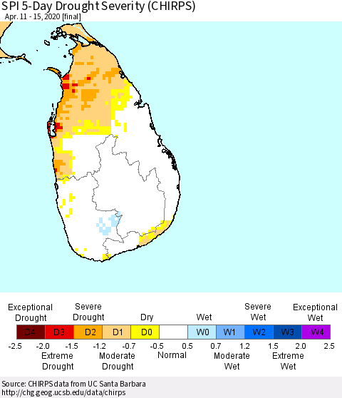 Sri Lanka SPI 5-Day Drought Severity (CHIRPS) Thematic Map For 4/11/2020 - 4/15/2020