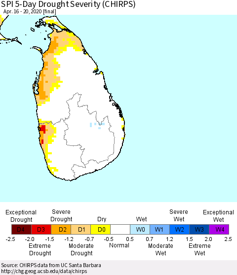 Sri Lanka SPI 5-Day Drought Severity (CHIRPS) Thematic Map For 4/16/2020 - 4/20/2020