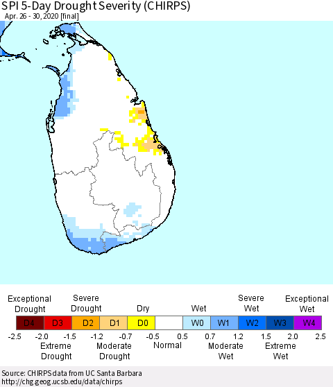 Sri Lanka SPI 5-Day Drought Severity (CHIRPS) Thematic Map For 4/26/2020 - 4/30/2020