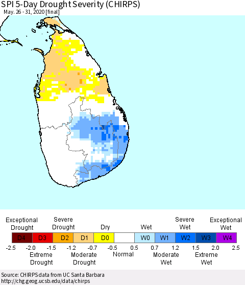 Sri Lanka SPI 5-Day Drought Severity (CHIRPS) Thematic Map For 5/26/2020 - 5/31/2020