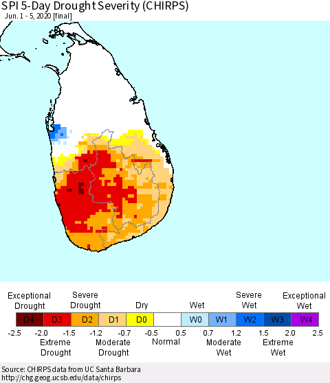 Sri Lanka SPI 5-Day Drought Severity (CHIRPS) Thematic Map For 6/1/2020 - 6/5/2020