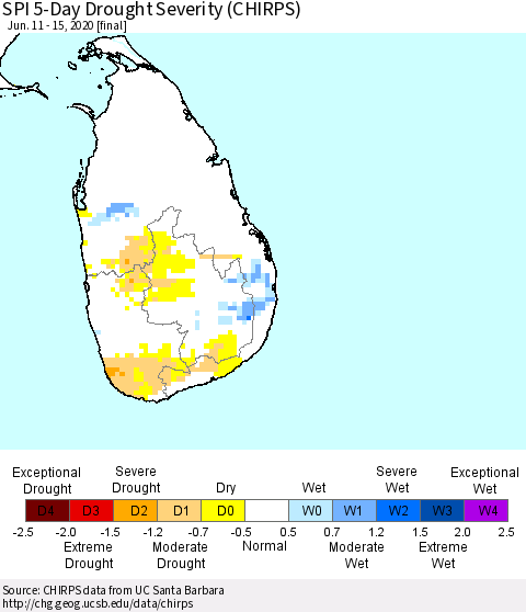 Sri Lanka SPI 5-Day Drought Severity (CHIRPS) Thematic Map For 6/11/2020 - 6/15/2020
