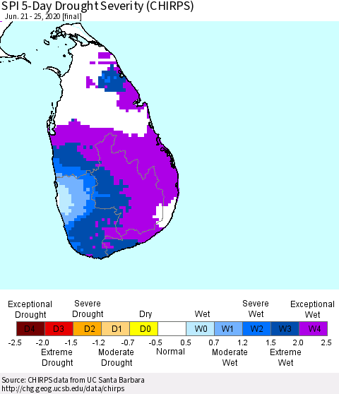 Sri Lanka SPI 5-Day Drought Severity (CHIRPS) Thematic Map For 6/21/2020 - 6/25/2020