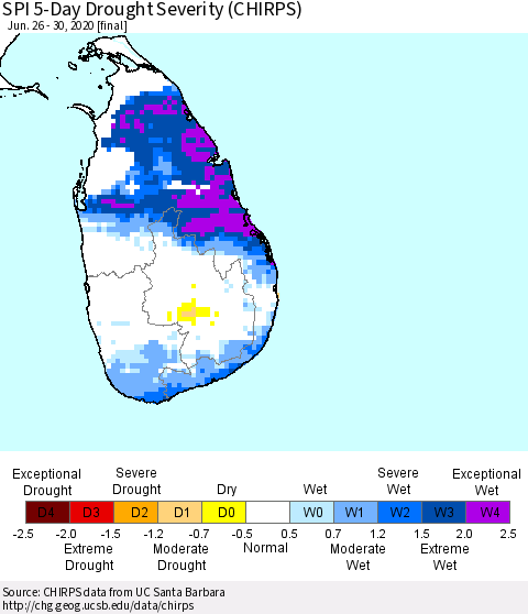 Sri Lanka SPI 5-Day Drought Severity (CHIRPS) Thematic Map For 6/26/2020 - 6/30/2020