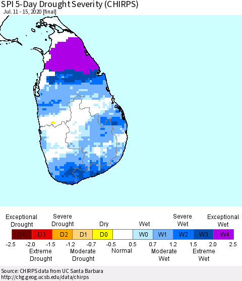 Sri Lanka SPI 5-Day Drought Severity (CHIRPS) Thematic Map For 7/11/2020 - 7/15/2020