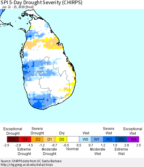 Sri Lanka SPI 5-Day Drought Severity (CHIRPS) Thematic Map For 7/21/2020 - 7/25/2020