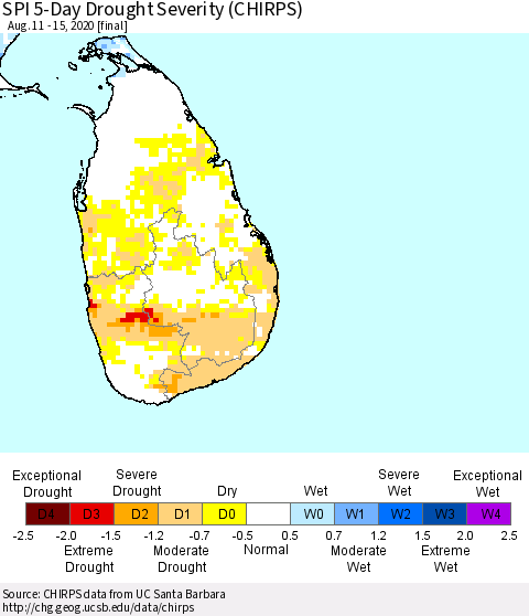 Sri Lanka SPI 5-Day Drought Severity (CHIRPS) Thematic Map For 8/11/2020 - 8/15/2020