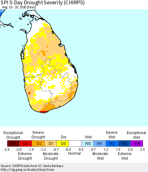 Sri Lanka SPI 5-Day Drought Severity (CHIRPS) Thematic Map For 8/16/2020 - 8/20/2020