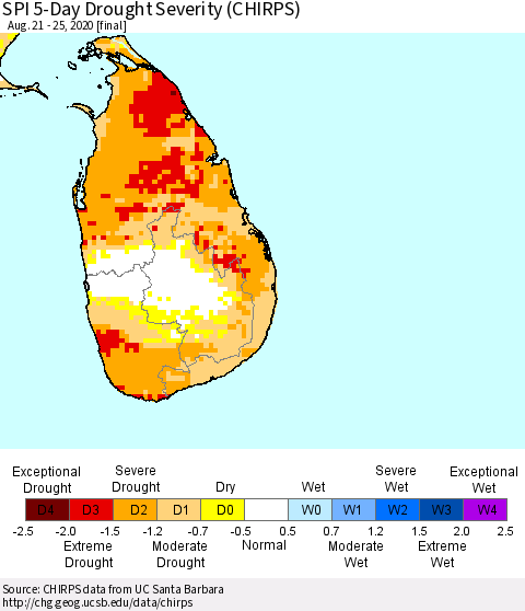 Sri Lanka SPI 5-Day Drought Severity (CHIRPS) Thematic Map For 8/21/2020 - 8/25/2020