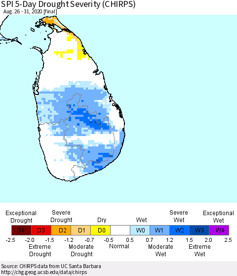 Sri Lanka SPI 5-Day Drought Severity (CHIRPS) Thematic Map For 8/26/2020 - 8/31/2020